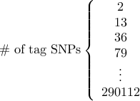  mbox{# of tag SNPs} left{ begin{array}{c} 2 13 36 79vdots 290112 end{array} right.		 